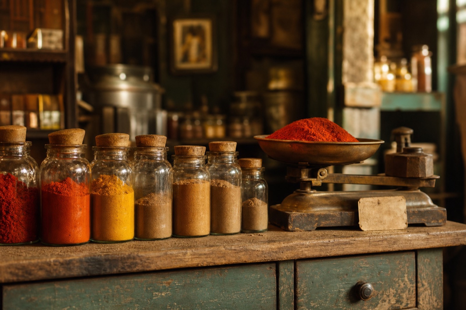 Small glass bottles of ground spices beside a brass weighing scale