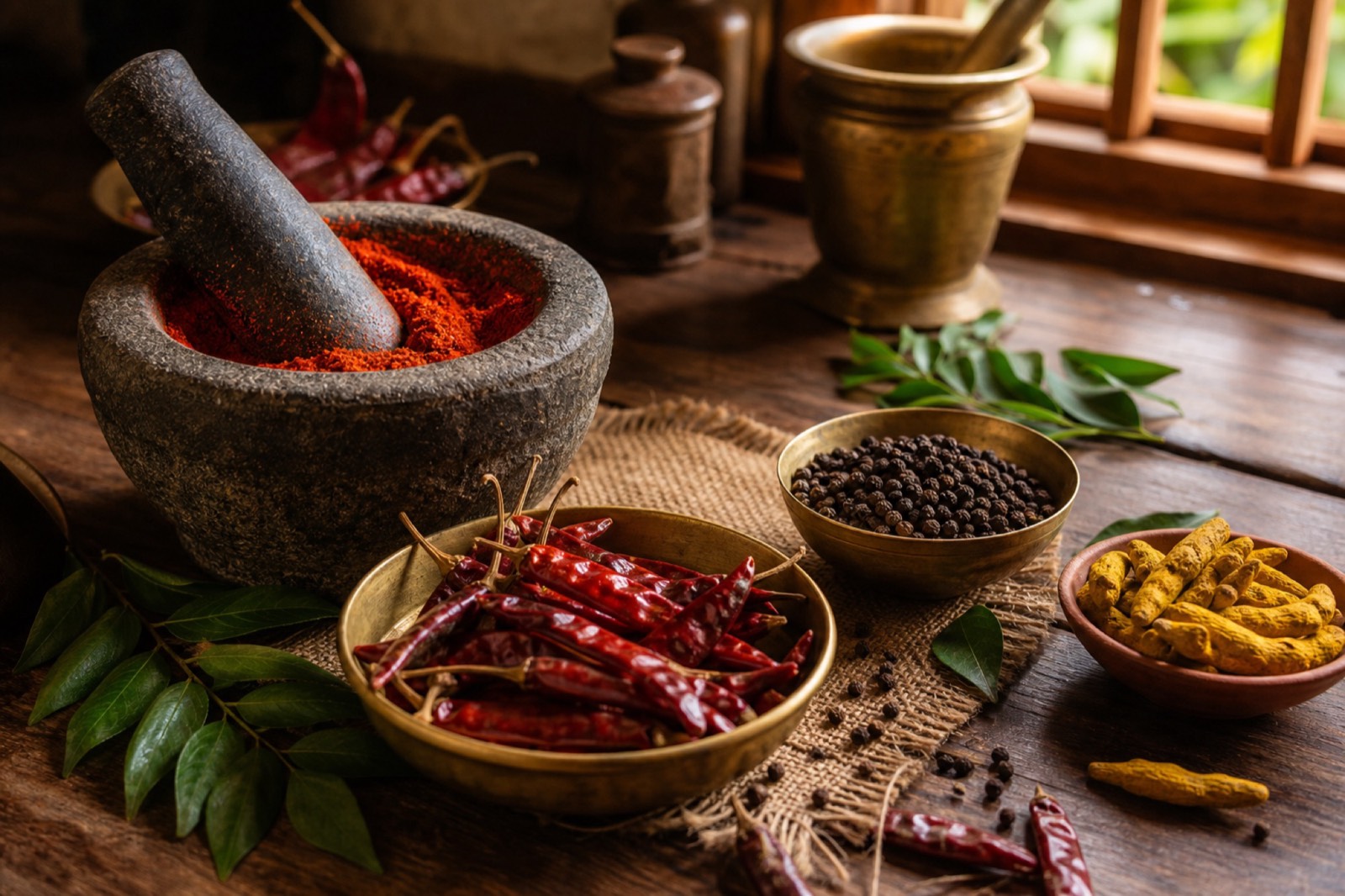 Whole spices and freshly ground chilli on a teak table